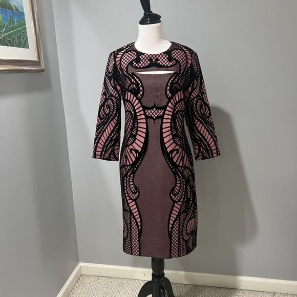 NWT Beige by ECI Mauve Pink Black Three Quarter Sleeve Sheath Dress Size 8 - Picture 1 of 11